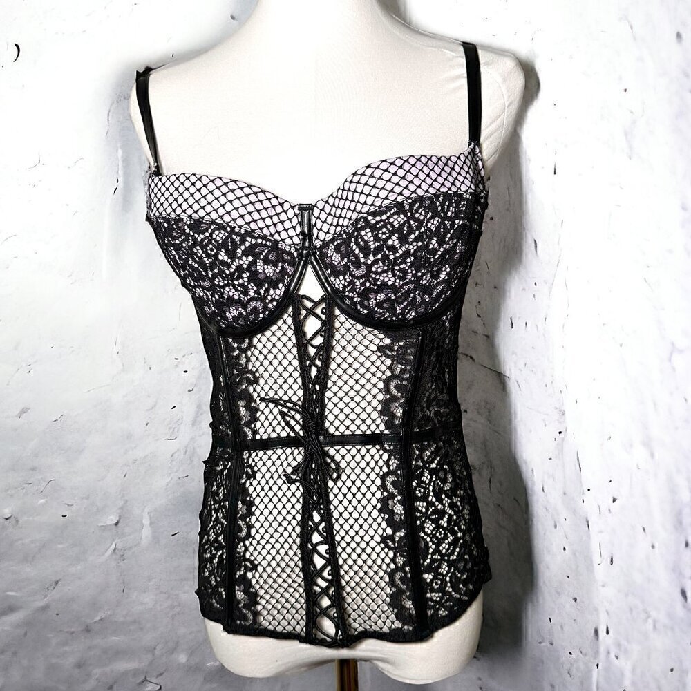 Victoria's Secret Women's Black Caged  Lace & Mesh Corset Bustier 36C goth fairy